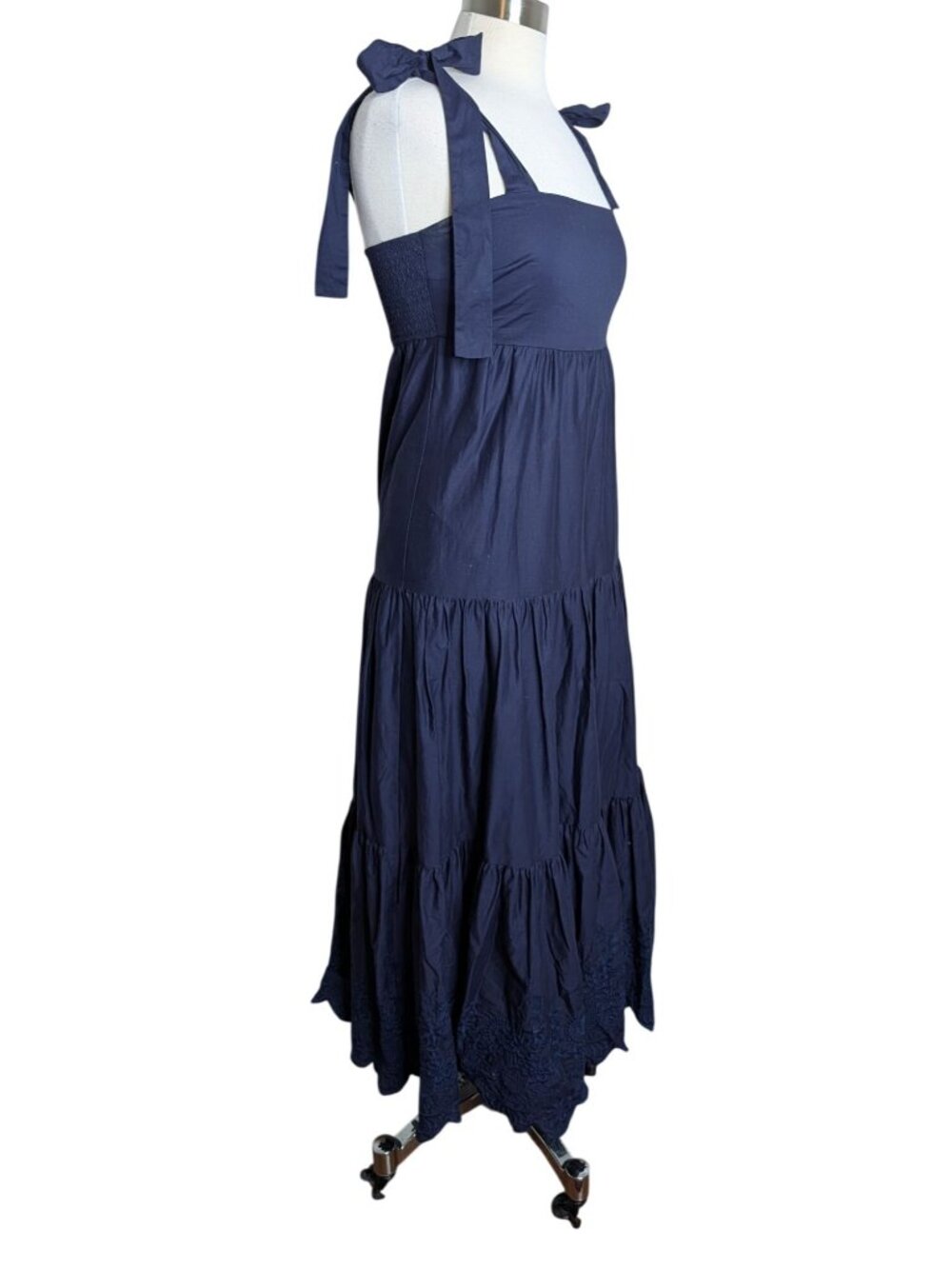 Jason Wu Tiered Embroidered Eyelet Maxi Dress Navy Shoulder Bow Ties Size S - Picture 2 of 14